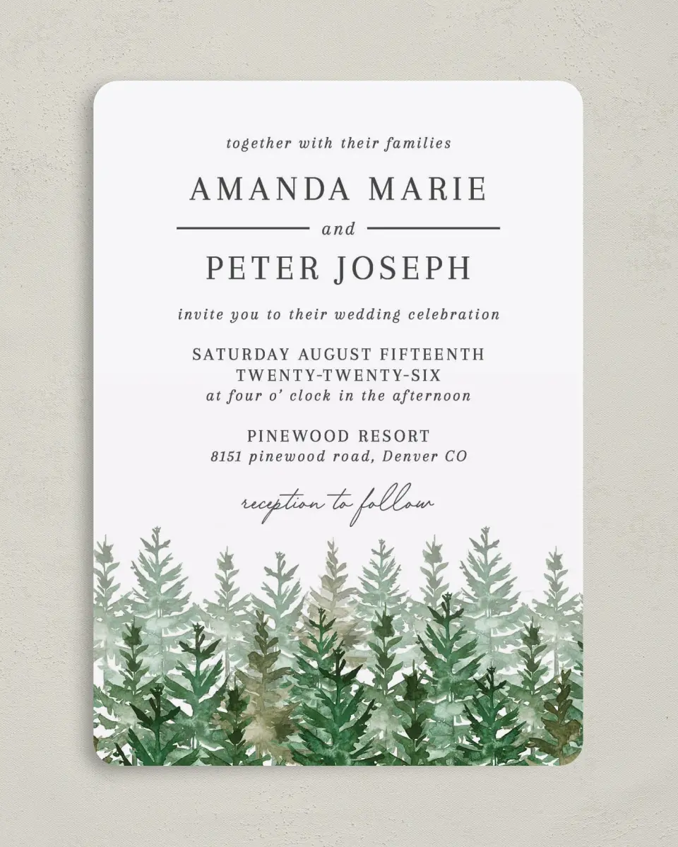 This is a 5" x 7" Rounded Wedding Invitation called Ethereal Evergreens printed in full color on Premium Smooth paper