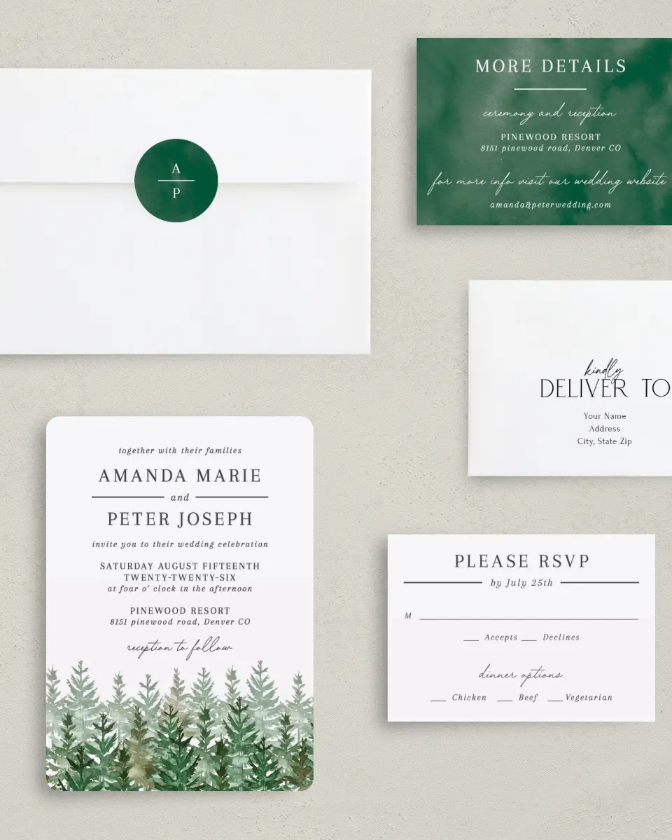 This is a 5" x 7" Rounded Wedding Invitation called Ethereal Evergreens printed in full color with Gold foil on Luxe Satin (coated) paper