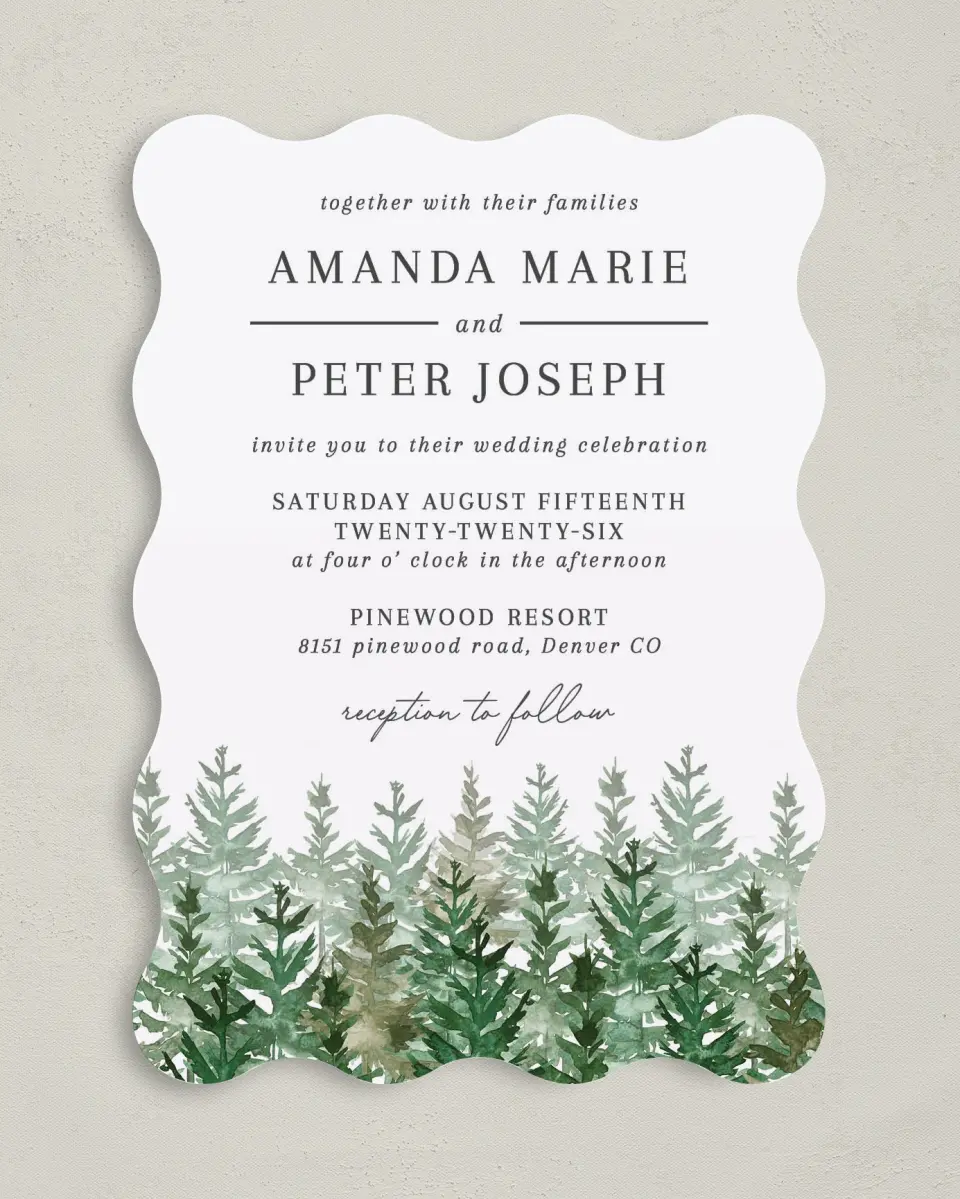 This is a 5" x 7" Wavy Wedding Invitation called Ethereal Evergreens printed in full color on Premium Smooth paper