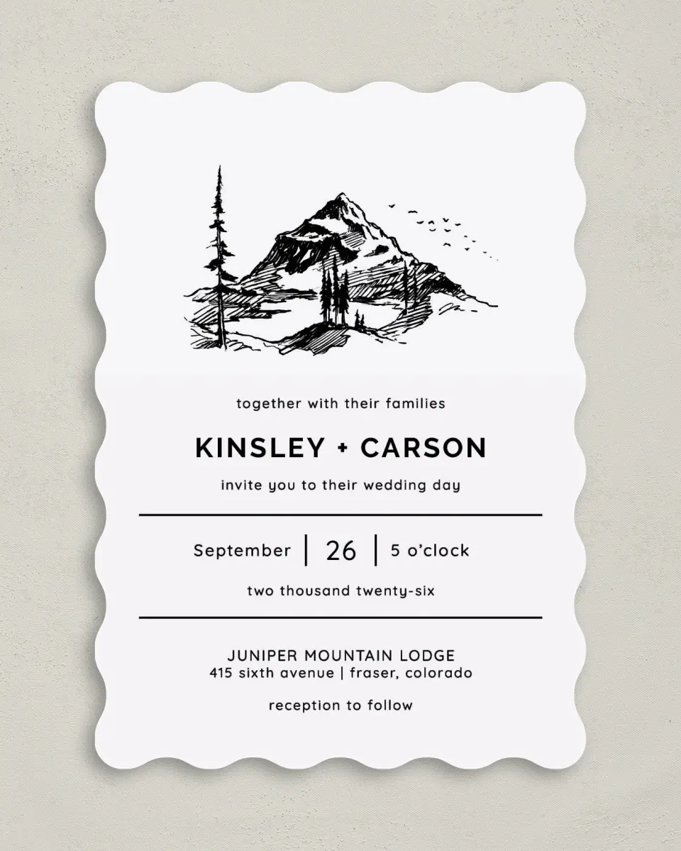 This is a 5" x 7" Wavy Wedding Invitation called Mountain Romance printed in full color on Premium Smooth paper