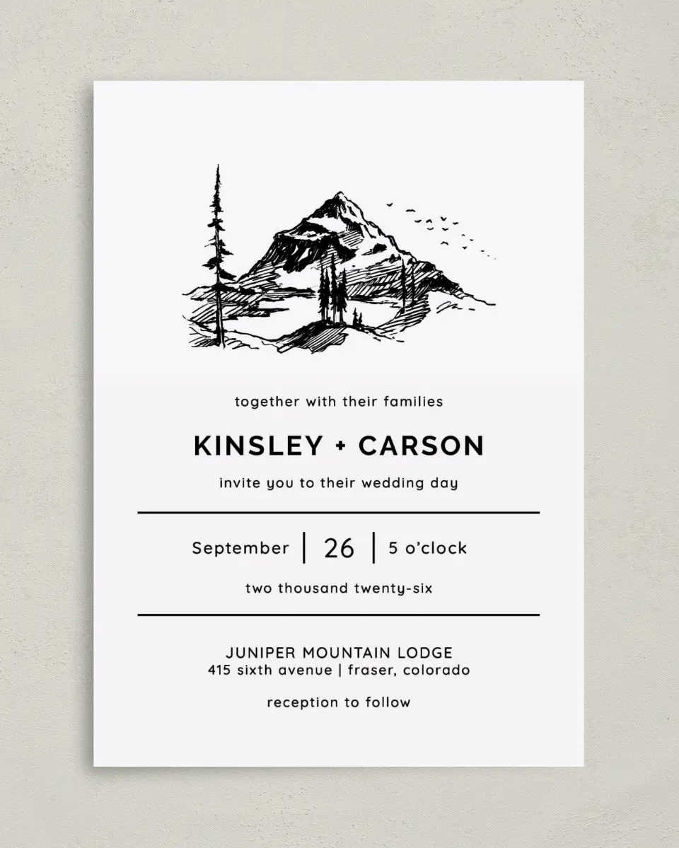This is a 5" x 7" Classic Wedding Invitation called Mountain Romance printed in full color on Premium Smooth paper