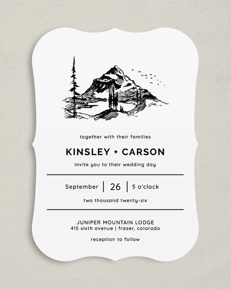 This is a 5" x 7" Bracket Wedding Invitation called Mountain Romance printed in full color on Premium Smooth paper