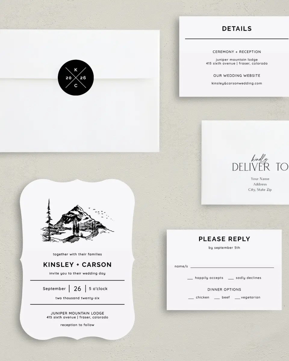 This is a 5" x 7" Bracket Wedding Invitation called Mountain Romance printed in full color with Silver foil on Luxe Satin (coated) paper
