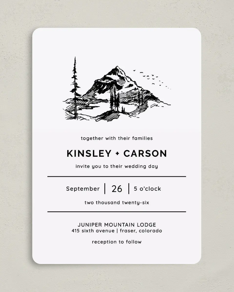 This is a 5" x 7" Rounded Wedding Invitation called Mountain Romance printed in full color on Premium Smooth paper