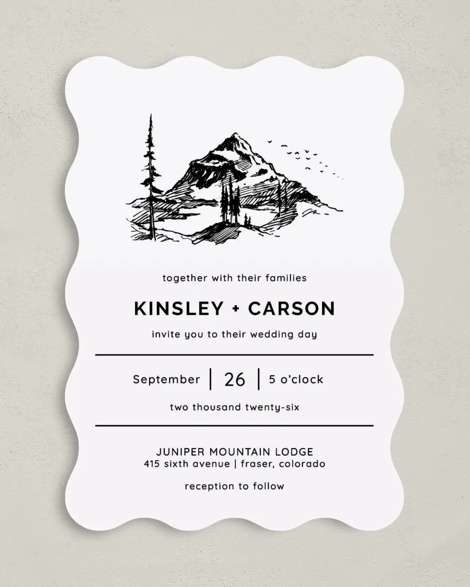 This is a 5" x 7" Wavy Wedding Invitation called Mountain Romance printed in full color on Premium Smooth paper