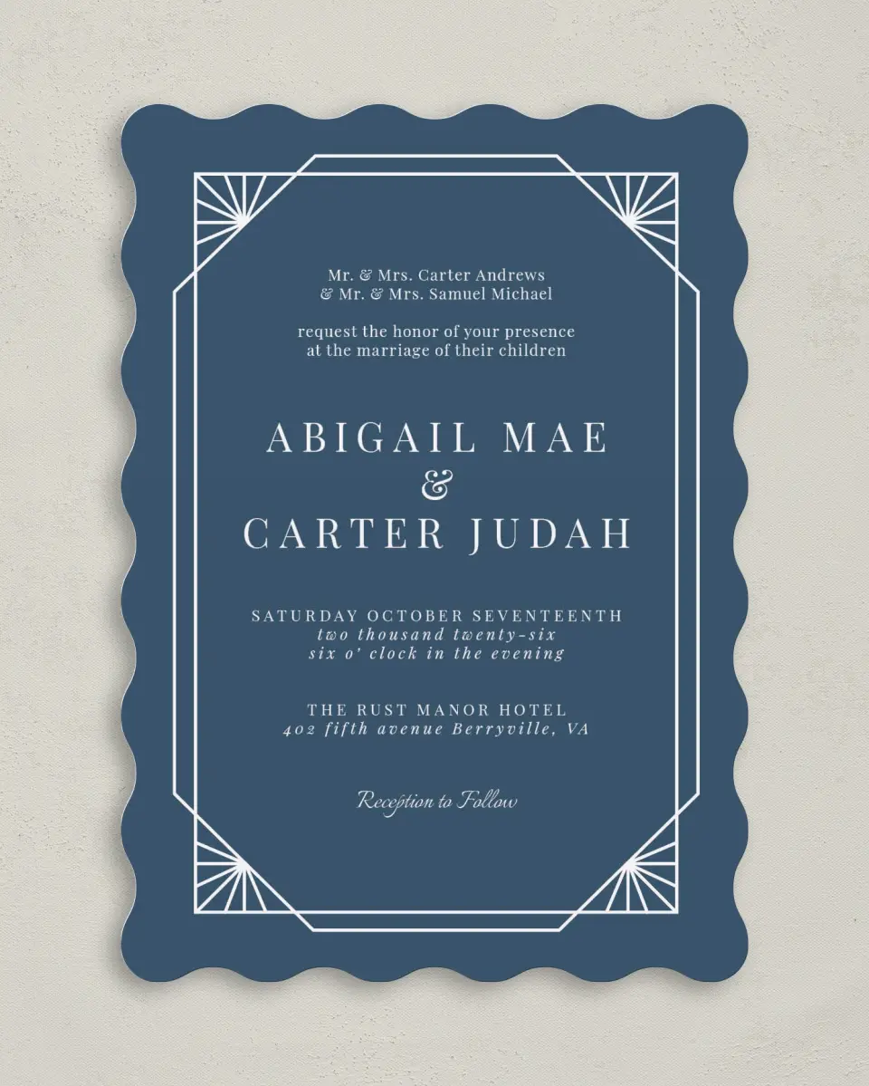 This is a 5" x 7" Wavy Wedding Invitation called Mod Deco printed in full color on Premium Smooth paper