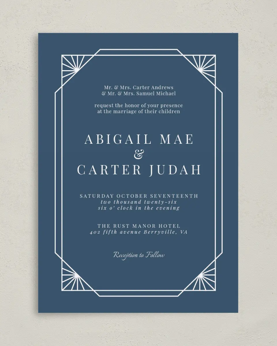 This is a 5" x 7" Classic Wedding Invitation called Mod Deco printed in full color on Premium Smooth paper