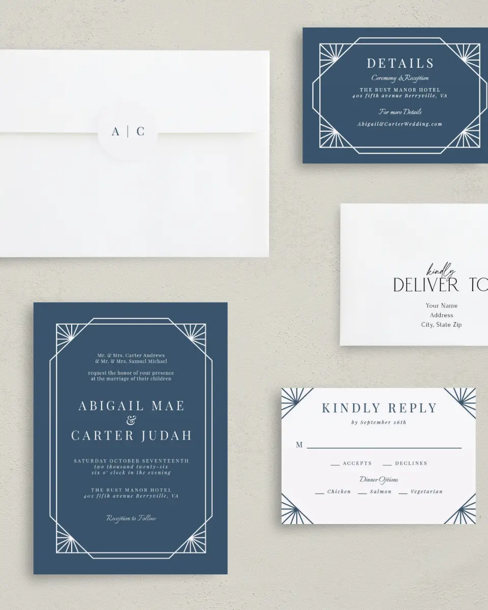 This is a 5" x 7" Classic Wedding Invitation called Mod Deco printed in full color with Rose Gold foil on Luxe Satin (coated) paper