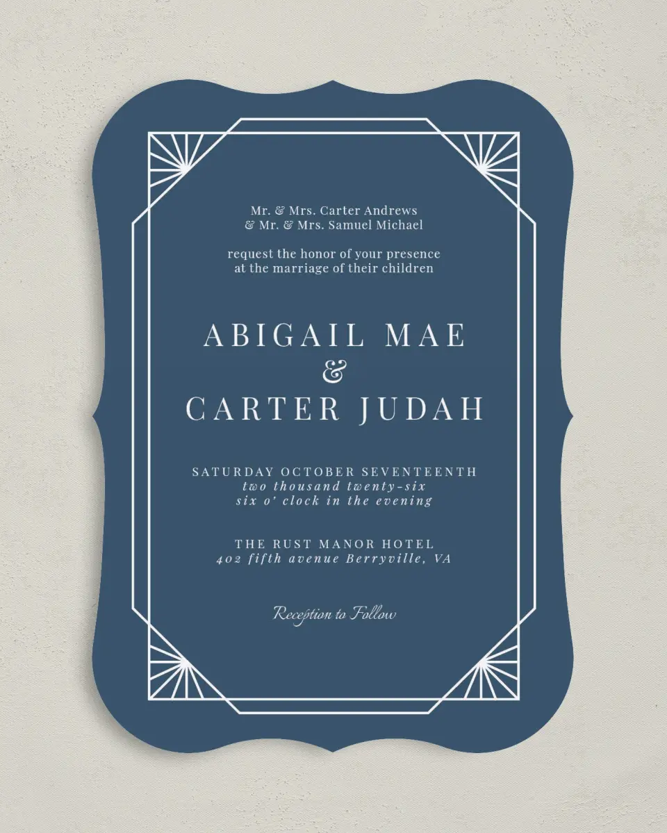 This is a 5" x 7" Bracket Wedding Invitation called Mod Deco printed in full color on Premium Smooth paper