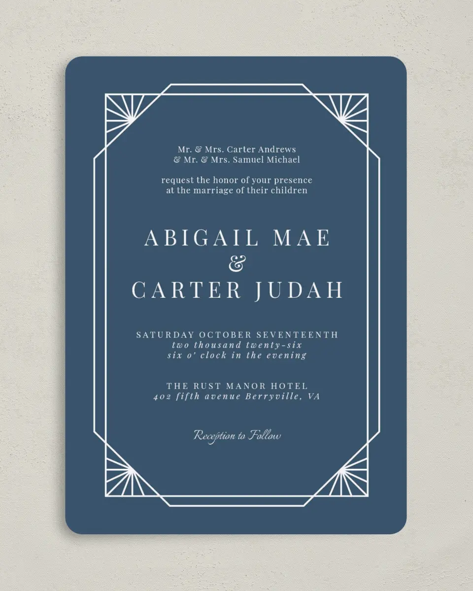 This is a 5" x 7" Rounded Wedding Invitation called Mod Deco printed in full color on Premium Smooth paper