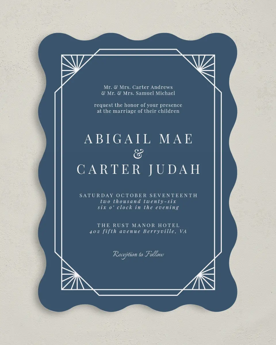 This is a 5" x 7" Wavy Wedding Invitation called Mod Deco printed in full color on Premium Smooth paper