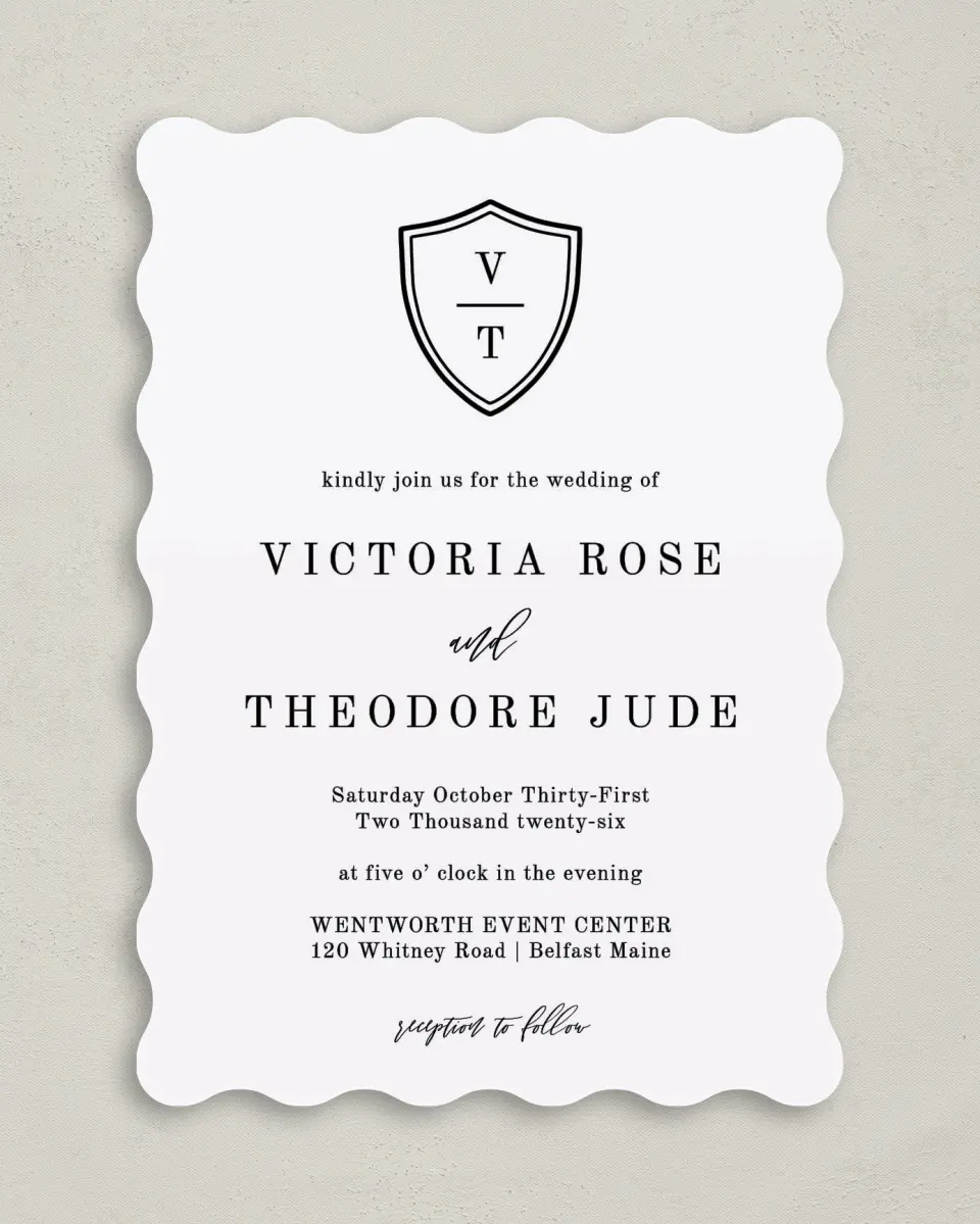This is a 5" x 7" Wavy Wedding Invitation called Shield of Love printed in full color on Premium Smooth paper