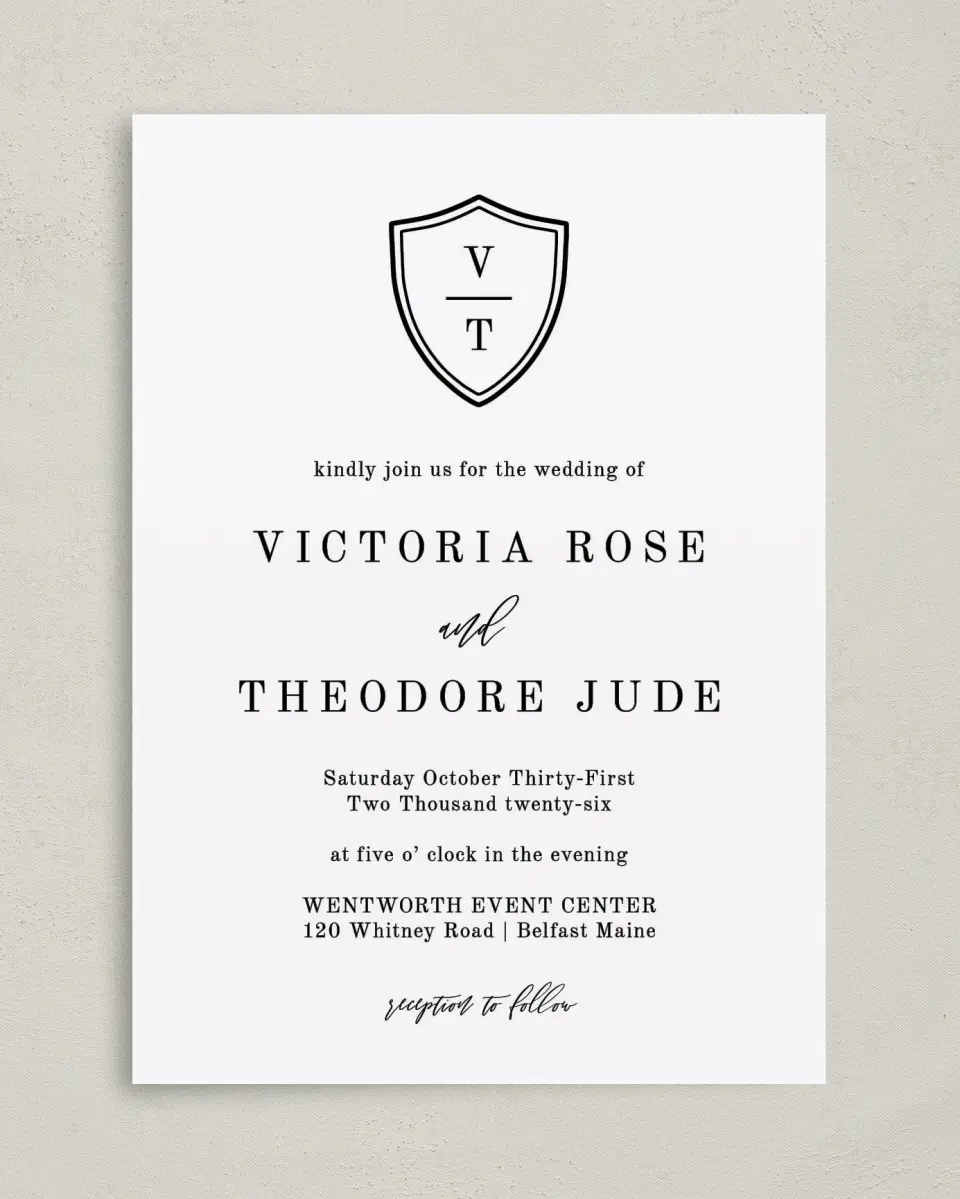 This is a 5" x 7" Classic Wedding Invitation called Shield of Love printed in full color on Premium Smooth paper