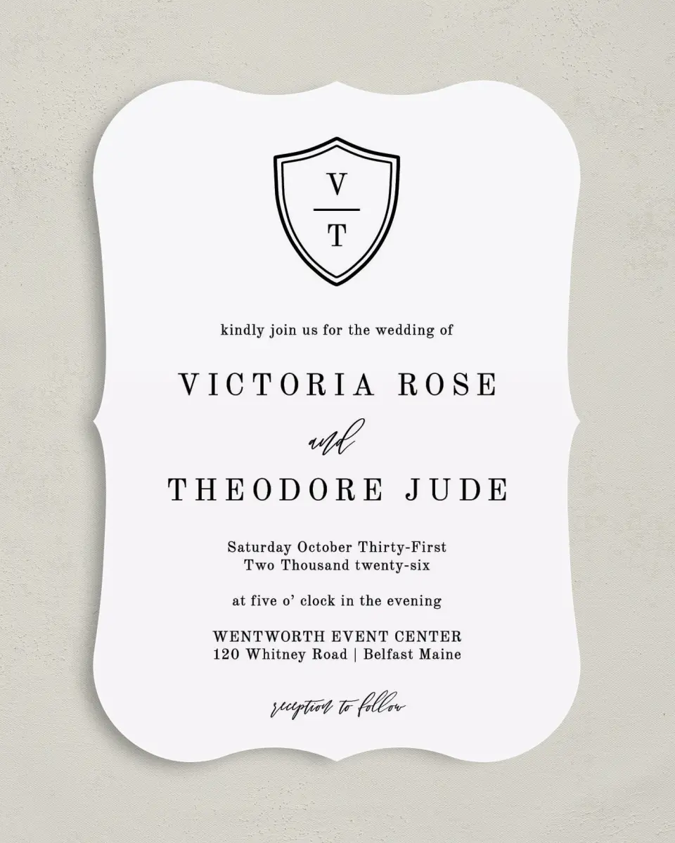 This is a 5" x 7" Bracket Wedding Invitation called Shield of Love printed in full color on Premium Smooth paper