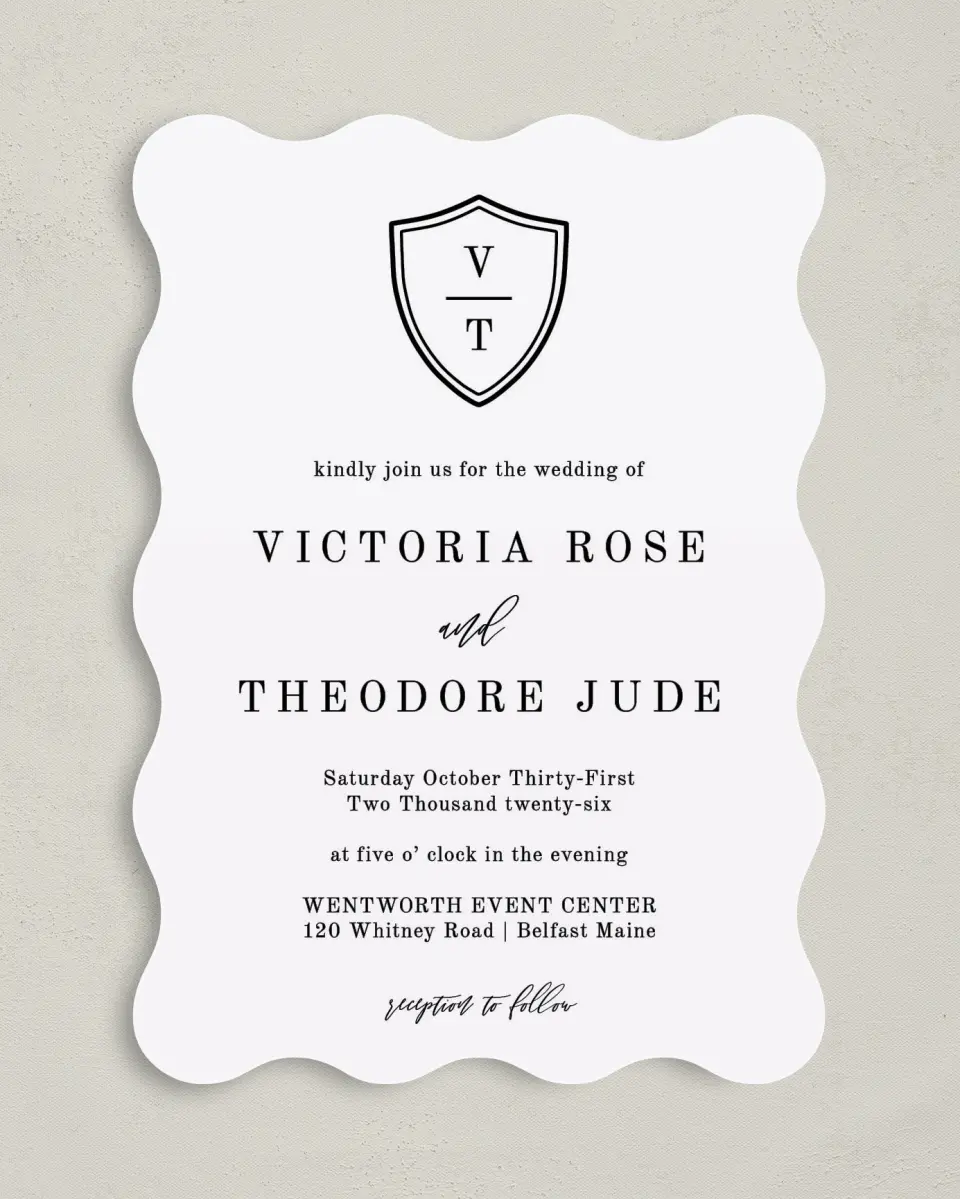 This is a 5" x 7" Wavy Wedding Invitation called Shield of Love printed in full color on Premium Smooth paper