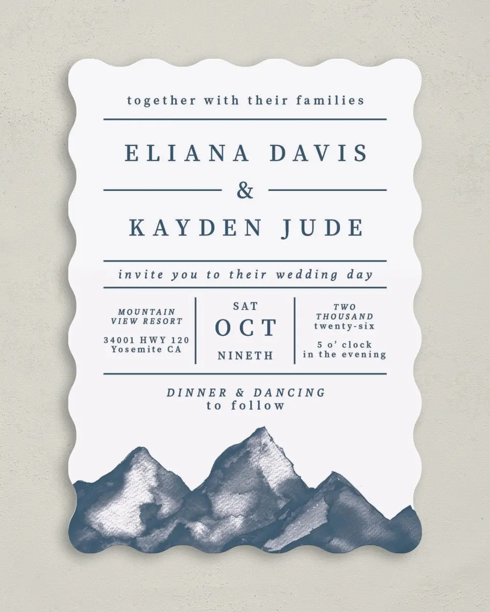 This is a 5" x 7" Wavy Wedding Invitation called Perfect Peak printed in full color on Premium Smooth paper