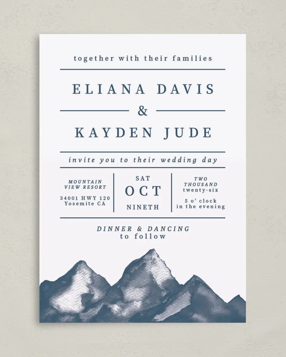 This is a 5" x 7" Classic Wedding Invitation called Perfect Peak printed in full color on Premium Smooth paper