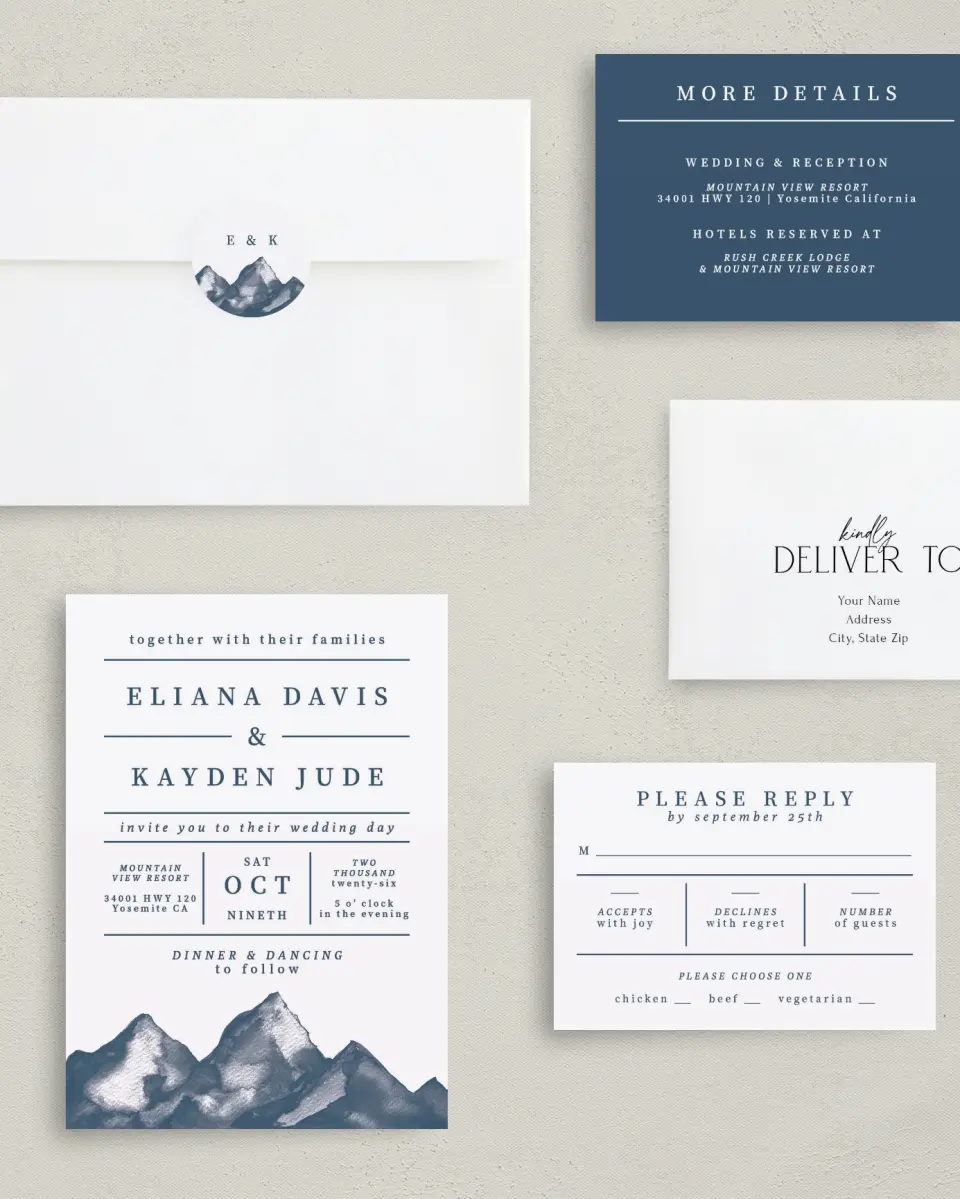 This is a 5" x 7" Classic Wedding Invitation called Perfect Peak printed in full color with Gold foil on Luxe Satin (coated) paper