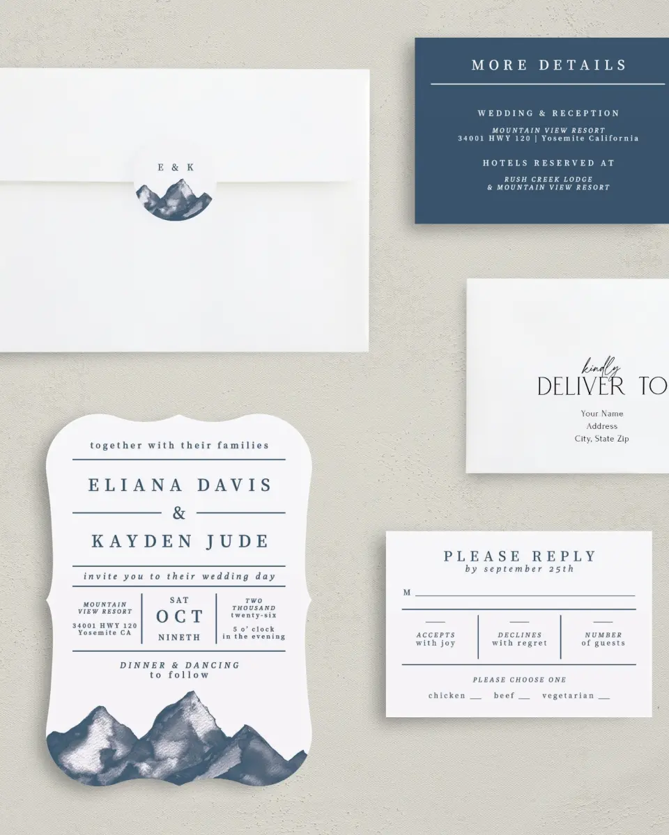 This is a 5" x 7" Bracket Wedding Invitation called Perfect Peak printed in full color with Silver foil on Luxe Satin (coated) paper