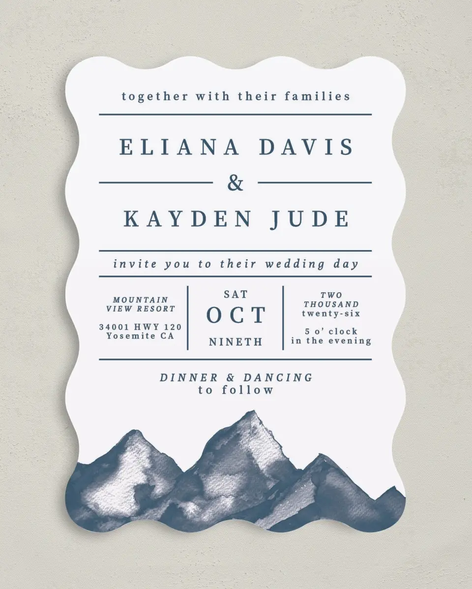 This is a 5" x 7" Wavy Wedding Invitation called Perfect Peak printed in full color on Premium Smooth paper
