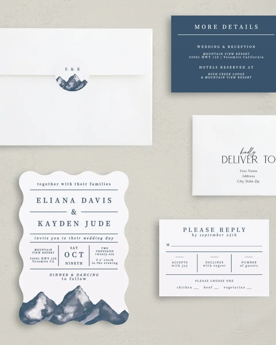 This is a 5" x 7" Wavy Wedding Invitation called Perfect Peak printed in full color with Silver foil on Luxe Satin (coated) paper