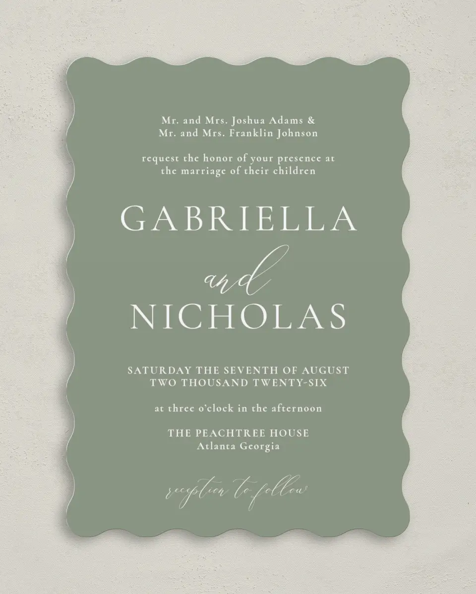 This is a 5" x 7" Wavy Wedding Invitation called Minimalist Type printed in full color on Premium Smooth paper