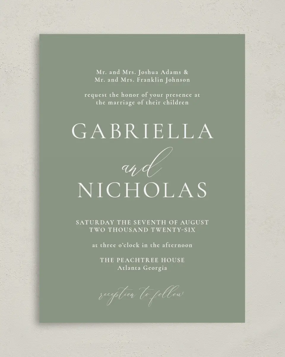 This is a 5" x 7" Classic Wedding Invitation called Minimalist Type printed in full color on Premium Smooth paper