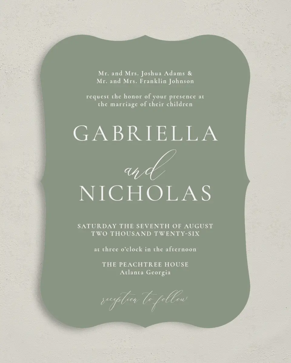 This is a 5" x 7" Bracket Wedding Invitation called Minimalist Type printed in full color with Silver foil on Luxe Satin (coated) paper
