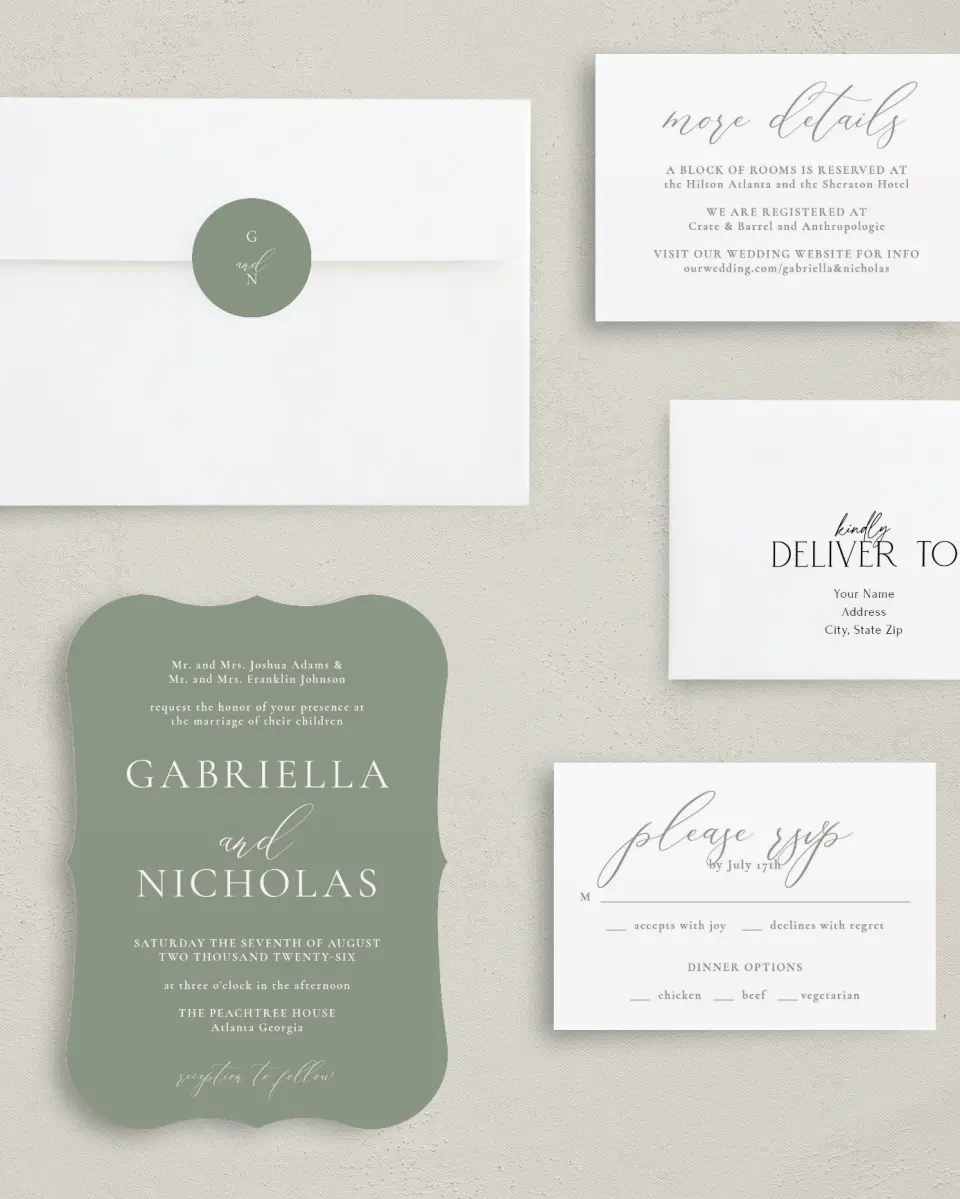 This is a 5" x 7" Bracket Wedding Invitation called Minimalist Type printed in full color with Silver foil on Luxe Satin (coated) paper