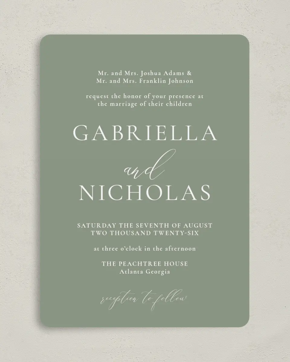 This is a 5" x 7" Rounded Wedding Invitation called Minimalist Type printed in full color on Premium Smooth paper