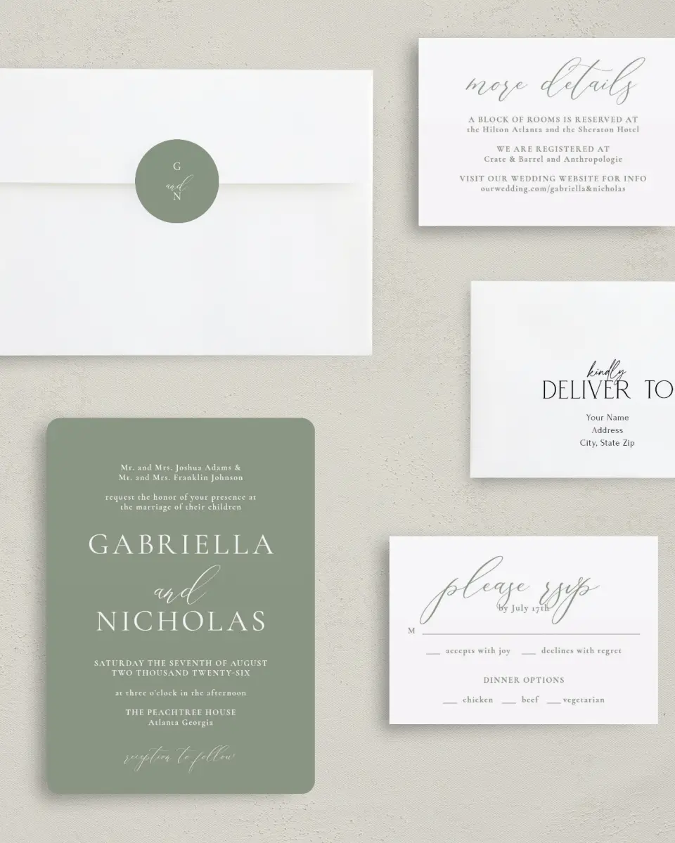 This is a 5" x 7" Rounded Wedding Invitation called Minimalist Type printed in full color with Gold foil on Luxe Satin (coated) paper