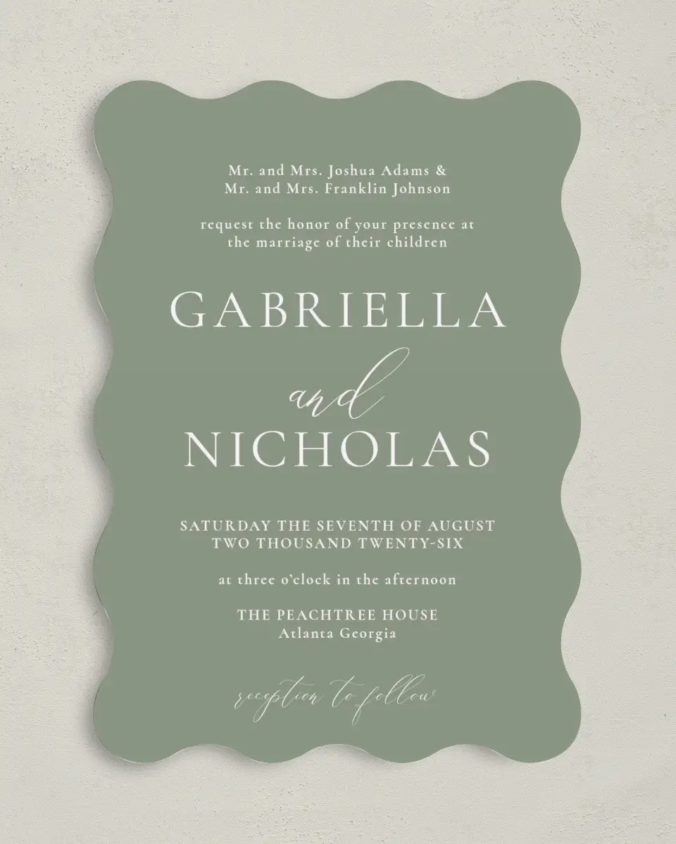 This is a 5" x 7" Wavy Wedding Invitation called Minimalist Type printed in full color on Premium Smooth paper