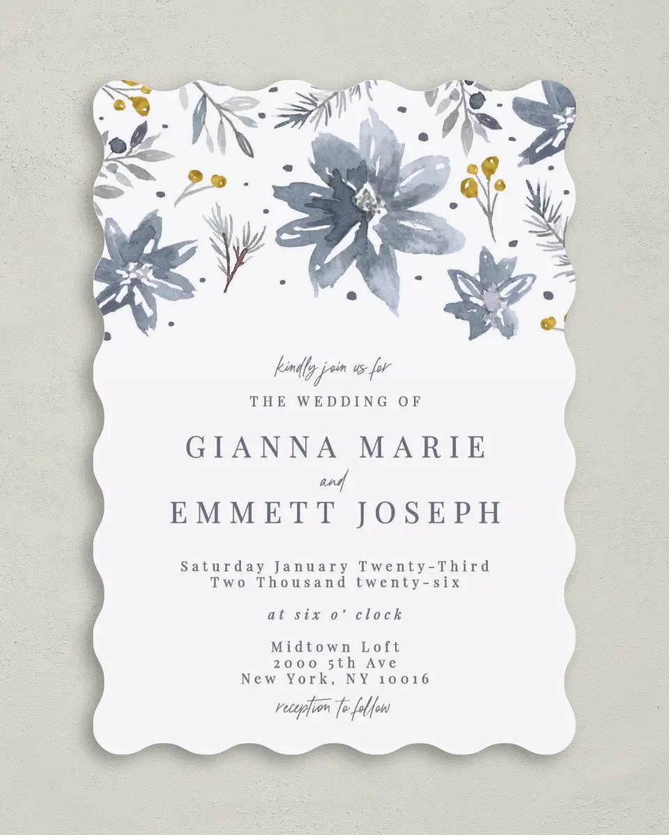 This is a 5" x 7" Wavy Wedding Invitation called Winter Floral printed in full color on Premium Smooth paper