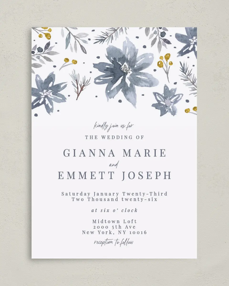 This is a 5" x 7" Classic Wedding Invitation called Winter Floral printed in full color on Premium Smooth paper