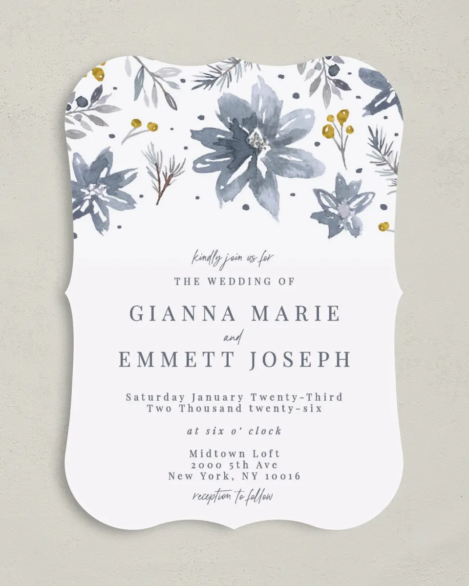 This is a 5" x 7" Bracket Wedding Invitation called Winter Floral printed in full color with Silver foil on Luxe Satin (coated) paper