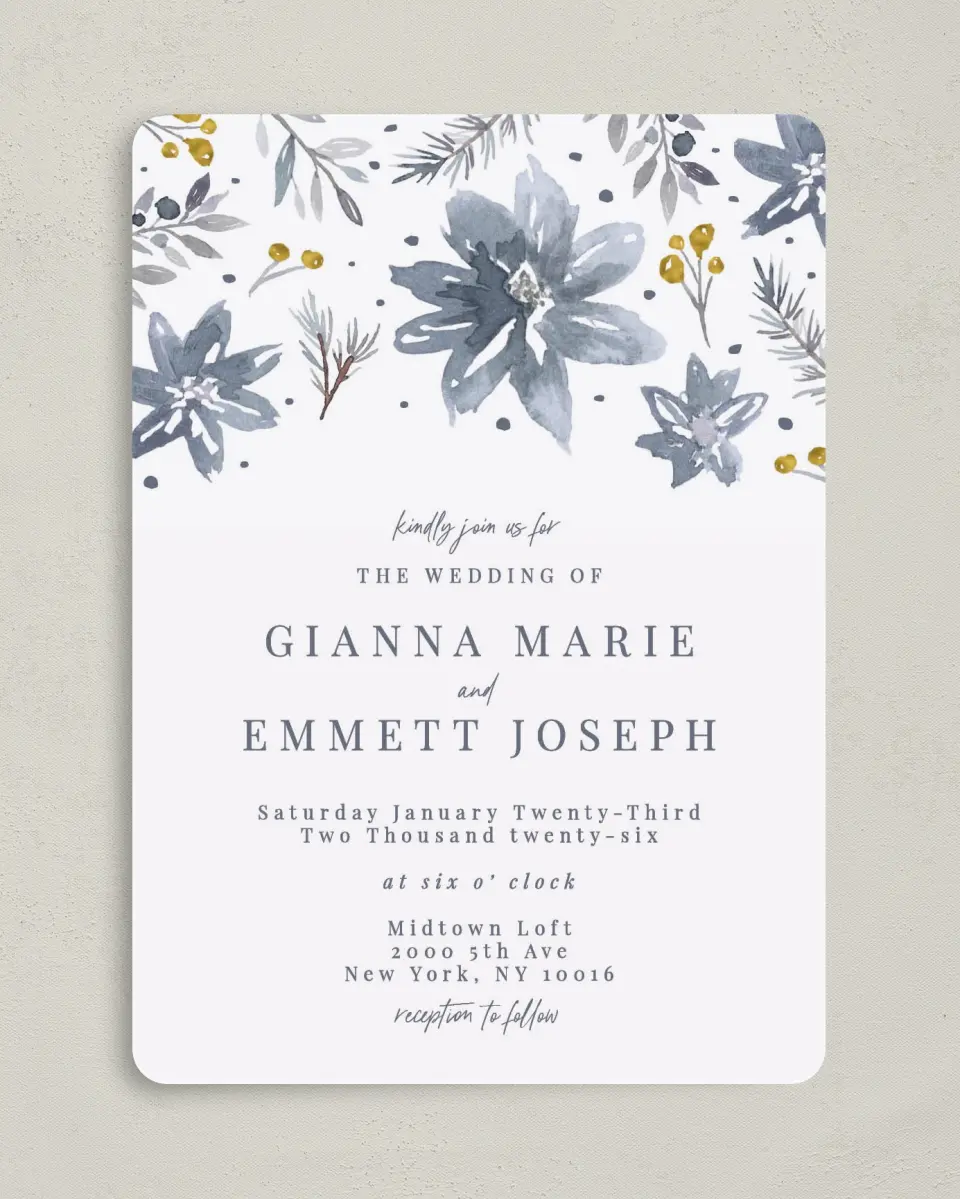 This is a 5" x 7" Rounded Wedding Invitation called Winter Floral printed in full color on Premium Smooth paper