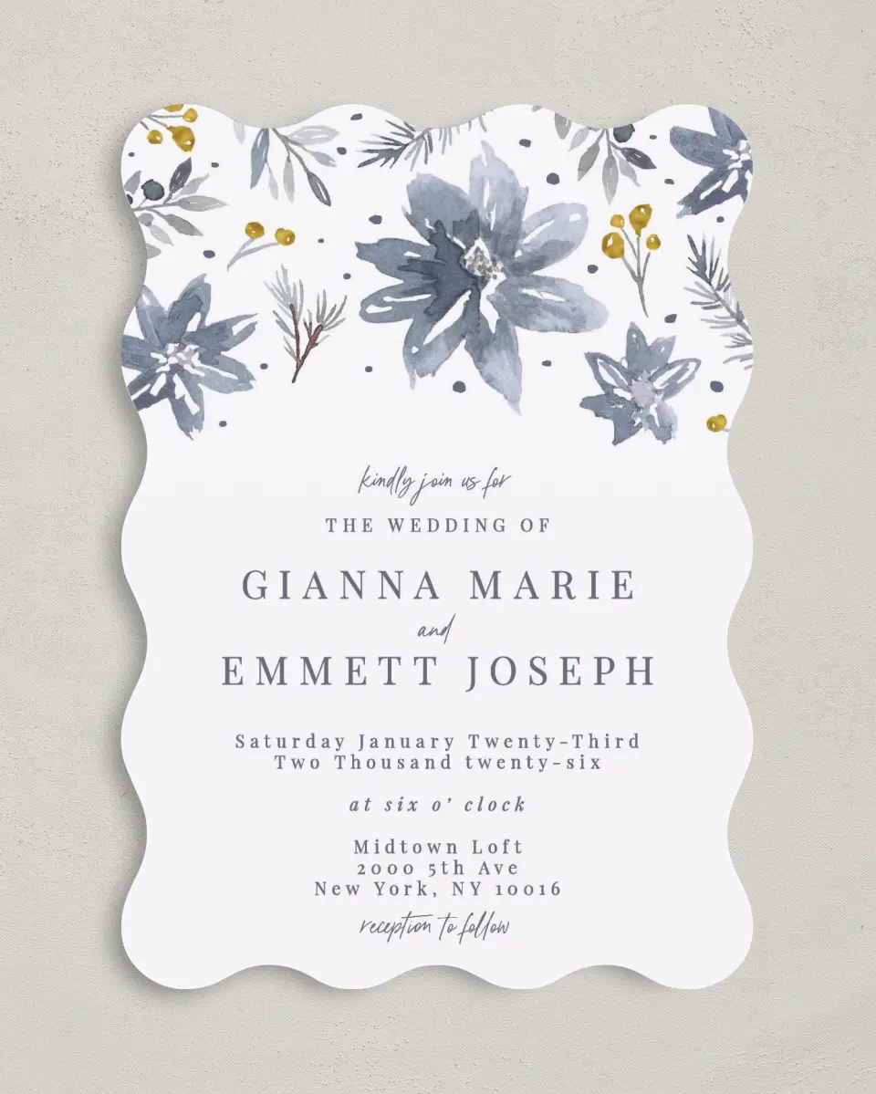 This is a 5" x 7" Wavy Wedding Invitation called Winter Floral printed in full color on Premium Smooth paper
