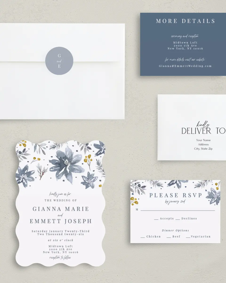 This is a 5" x 7" Wavy Wedding Invitation called Winter Floral printed in full color with Silver foil on Luxe Satin (coated) paper