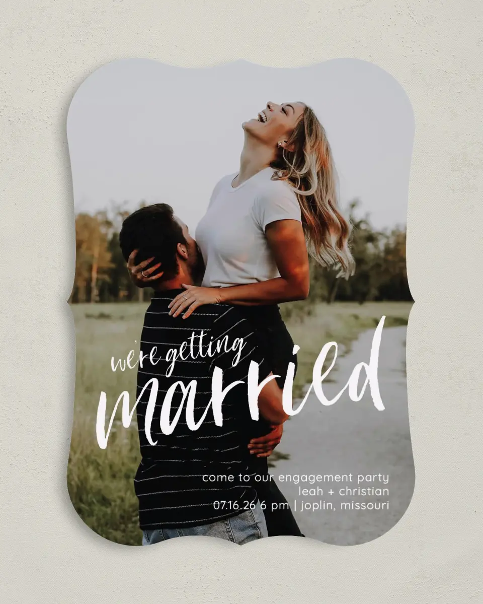 This is a 5" x 7" Engagement Party Invitation called Exciting News printed in full color on Premium Smooth paper