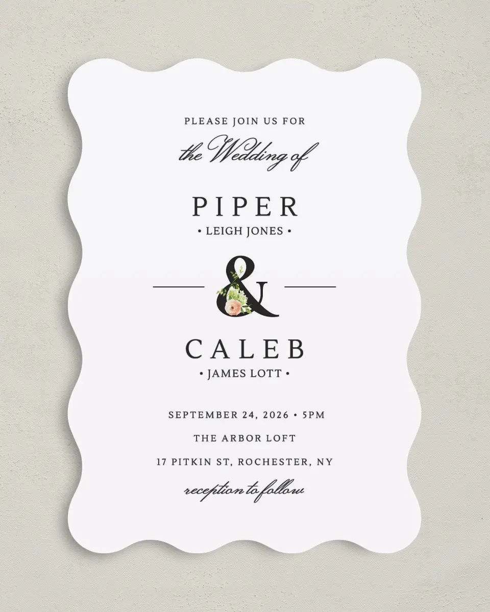 This is a 5" x 7" Wavy Wedding Invitation called Elegant Unity printed in full color on Premium Smooth paper