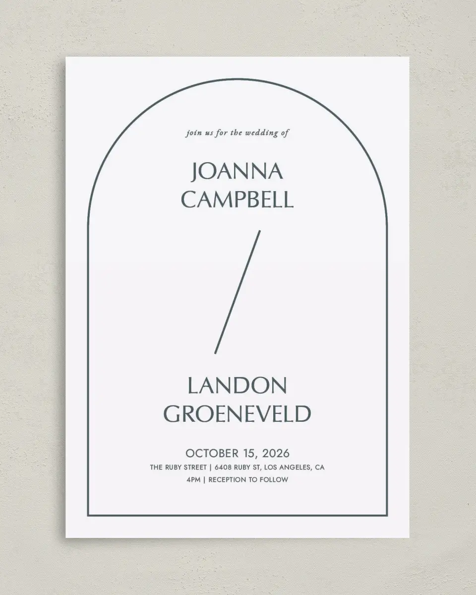 This is a 5" x 7" Classic Wedding Invitation called Mod Shapes printed in full color with Gold foil on Luxe Satin (coated) paper