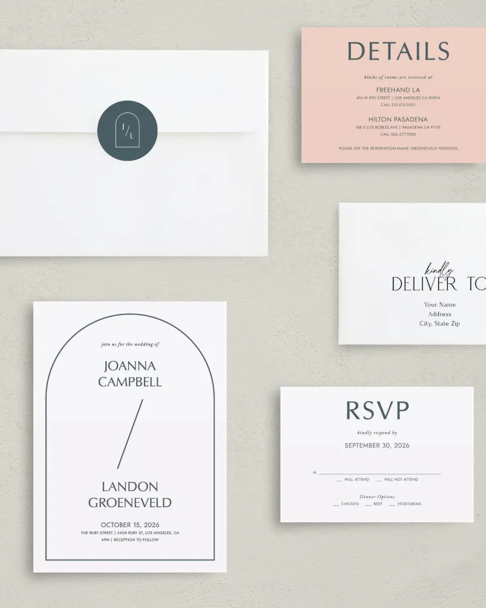 This is a 5" x 7" Classic Wedding Invitation called Mod Shapes printed in full color with Gold foil on Luxe Satin (coated) paper