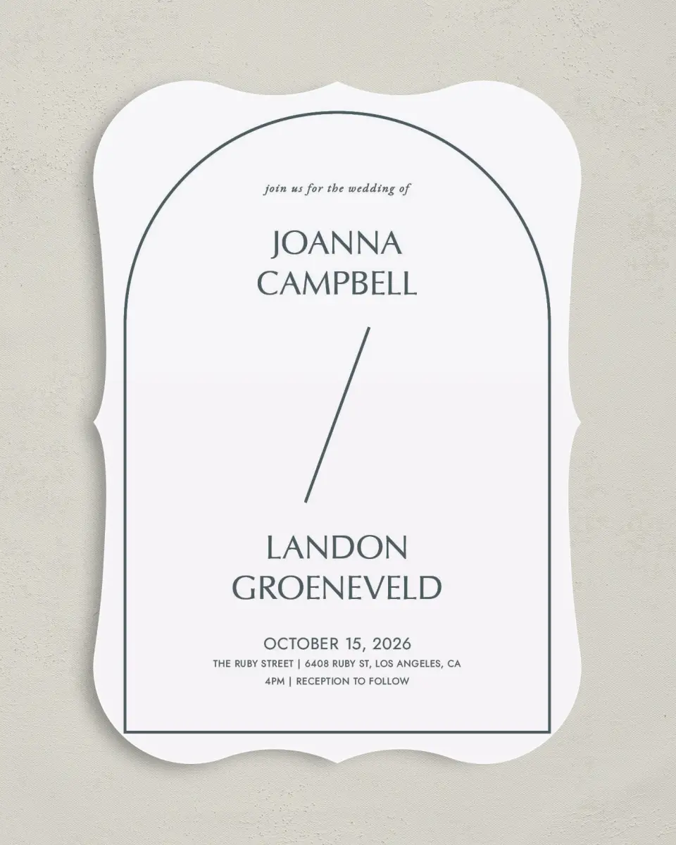 This is a 5" x 7" Bracket Wedding Invitation called Mod Shapes printed in full color on Premium Smooth paper
