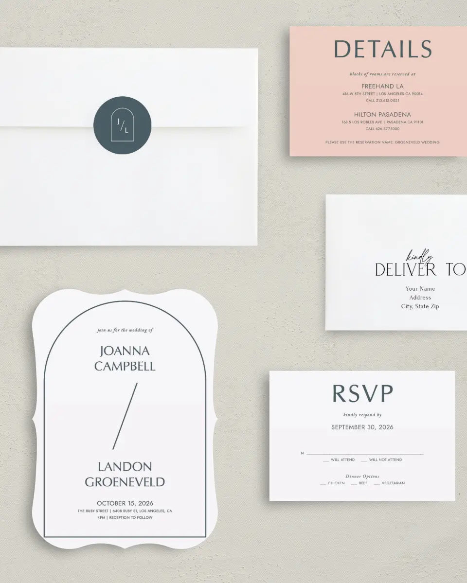 This is a 5" x 7" Bracket Wedding Invitation called Mod Shapes printed in full color with Silver foil on Luxe Satin (coated) paper