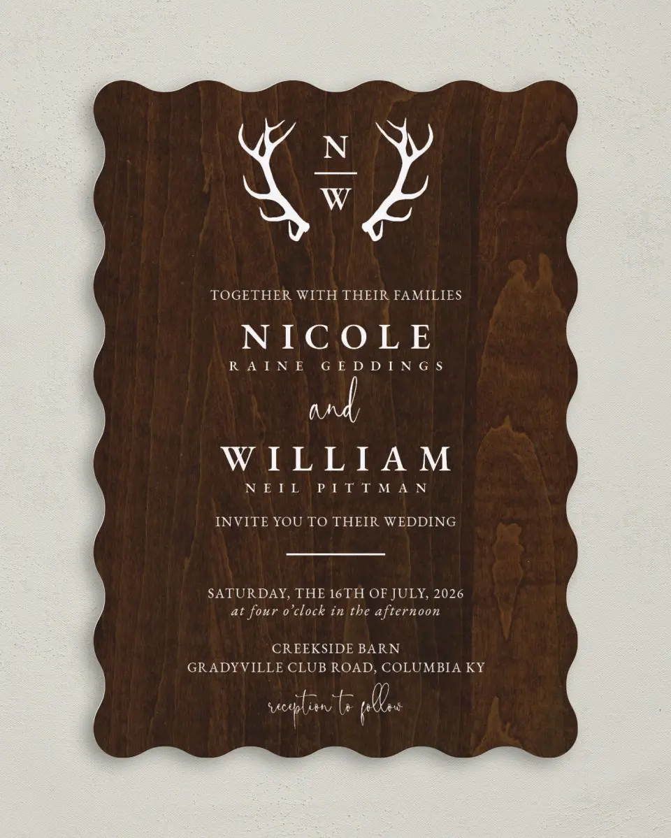 This is a 5" x 7" Wavy Wedding Invitation called Rustic Antler printed in full color on Premium Smooth paper