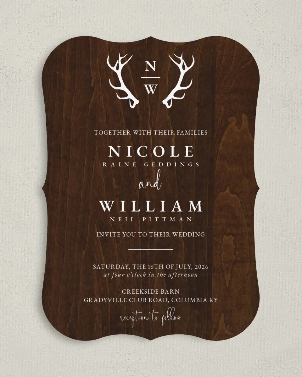 This is a 5" x 7" Bracket Wedding Invitation called Rustic Antler printed in full color on Premium Smooth paper