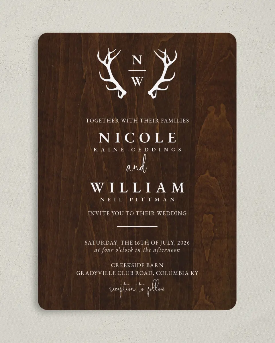 This is a 5" x 7" Rounded Wedding Invitation called Rustic Antler printed in full color on Premium Smooth paper