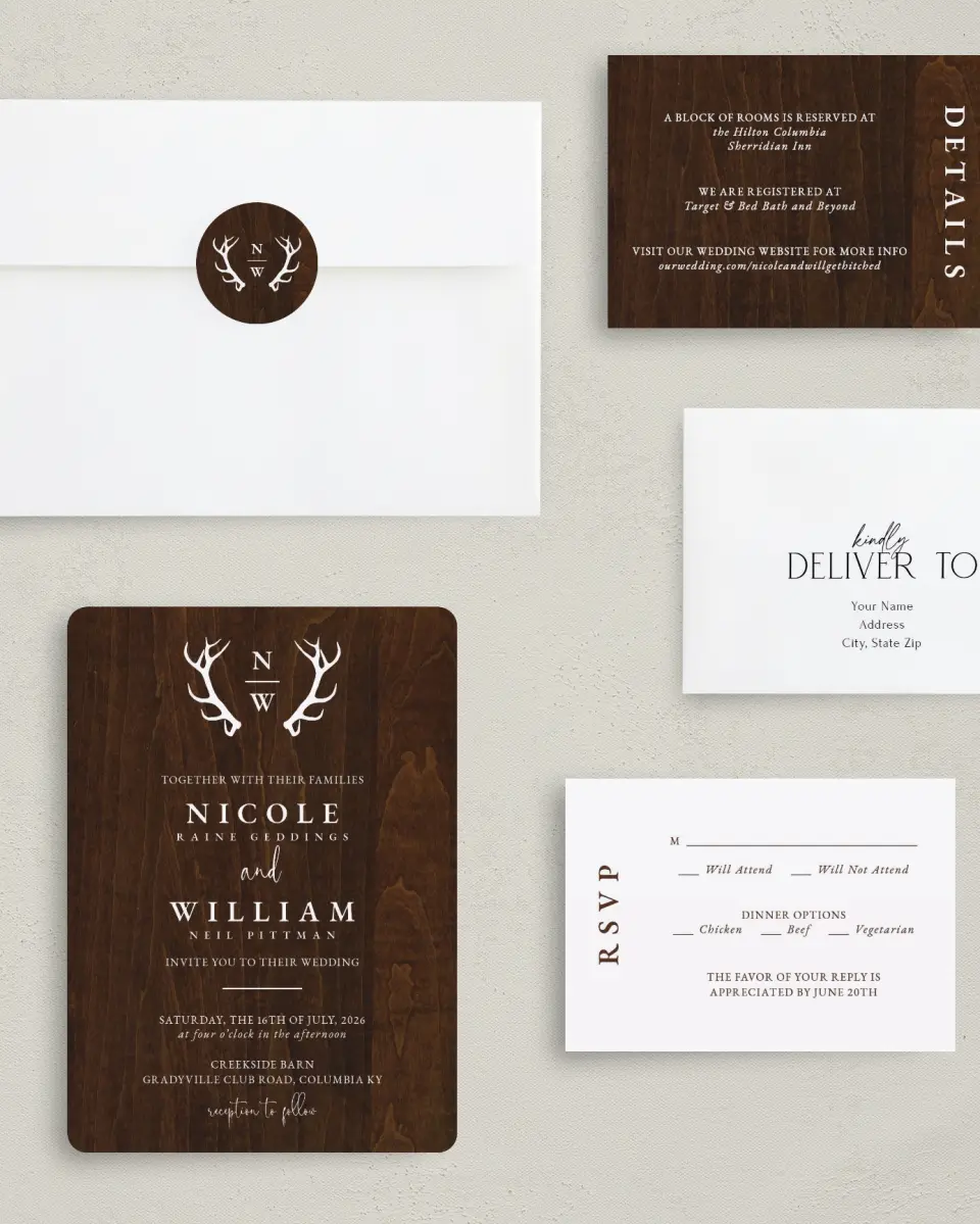 This is a 5" x 7" Rounded Wedding Invitation called Rustic Antler printed in full color with Rose Gold foil on Luxe Satin (coated) paper