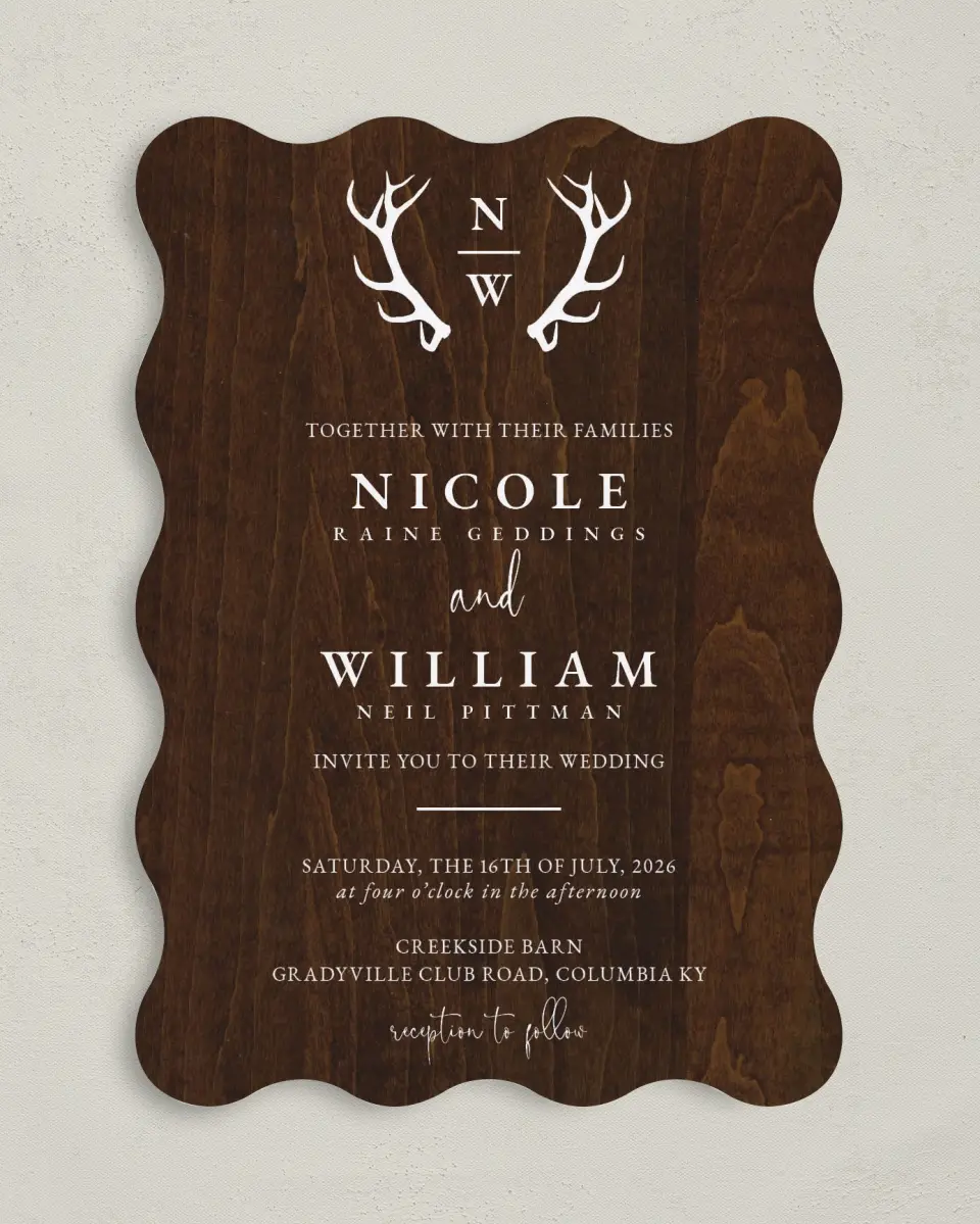 This is a 5" x 7" Wavy Wedding Invitation called Rustic Antler printed in full color on Premium Smooth paper