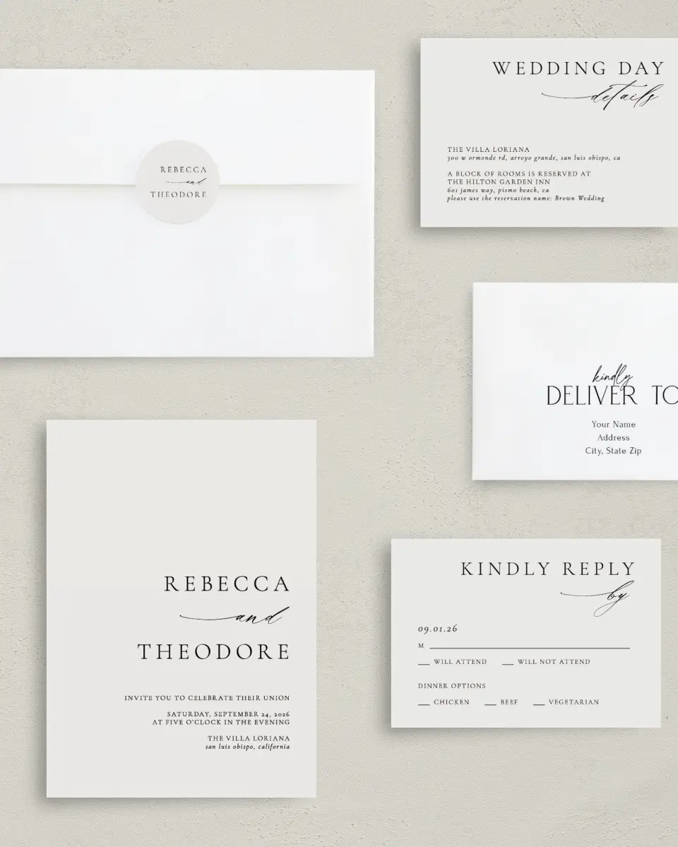 This is a 5" x 7" Classic Wedding Invitation called Simply Elegant printed in full color with Silver foil on Luxe Satin (coated) paper